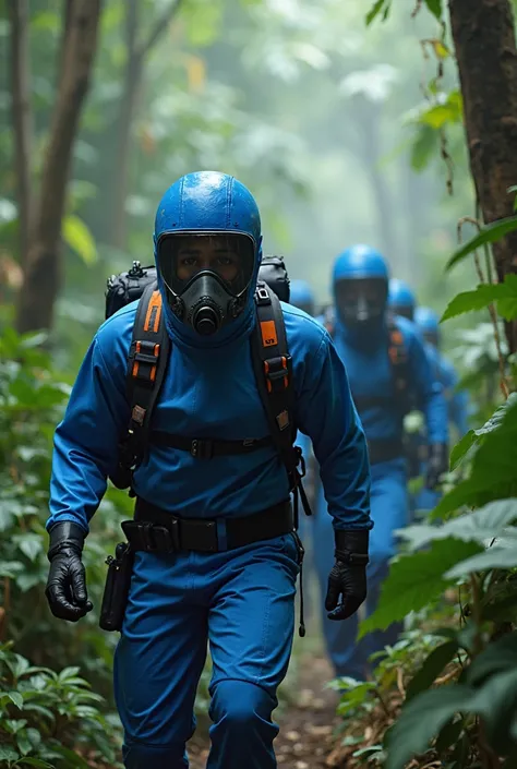 Rescuers wearing blue suits and masks in the jungle