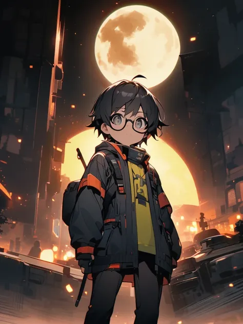 little character、Tiger、male、Gamer、 black hair、square black-rimmed glasses、Standing with the moon in the background、3:3、