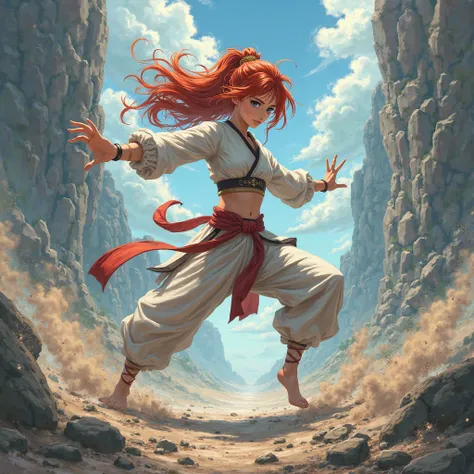 A girl with red hair and blue eyes with powers to control rocks and stones doing anime-style martial art pose