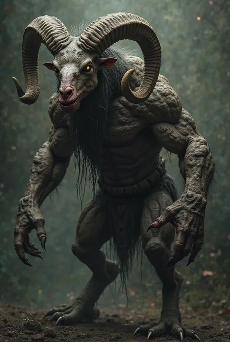 Create an image of a terrifying, realistic creature that combines a ram and a warrior. The creature should have the body of a ram with muscular limbs, a fierce, aggressive stance, and the face of a fierce warrior, complete with battle scars and intense exp...