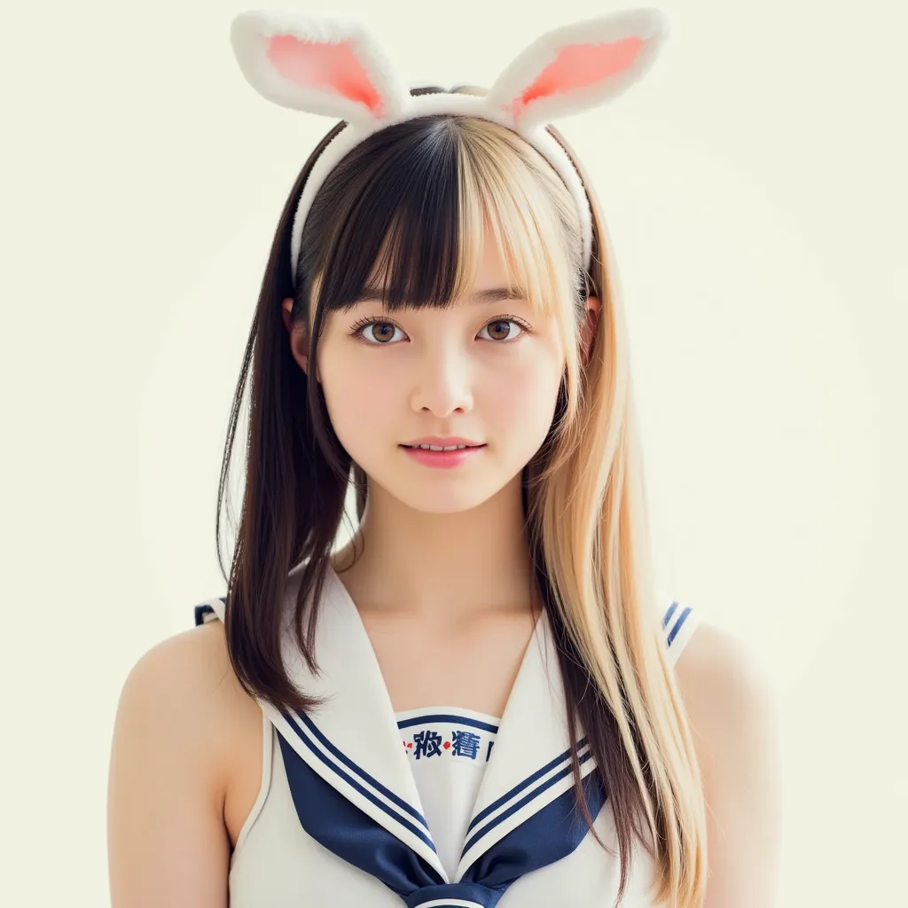  long hair, There are two-tone bangs for blond and black hair、Longer long hair、 light background、sailor suit、rabbit ear headband、twin tails