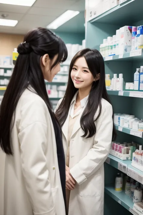 Japanese female pharmacist。Black and long hair。 and is wearing a white coat。The background is the dressing room。The situation is that they look at me on the other side of the counter and look at me and smile。