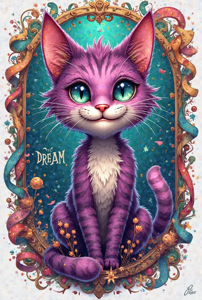 Make me a t-shirt that contains Alice in Wonderland's cat and that has a carnival theme as well as the word DREAM