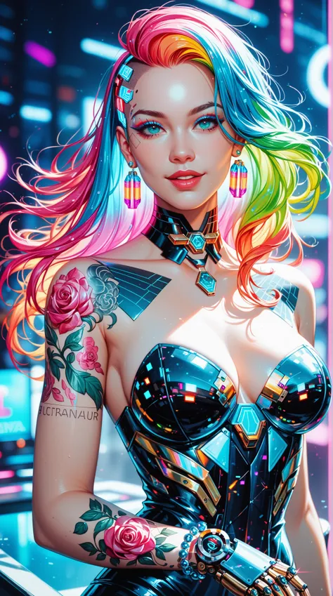  Fascinating screen ，presents a Taiwanese woman in a striking cyberpunk setting。 Carefully drawn digital paintings，With vivid neon lights and futuristic elements。 the lady exudes a mysterious and elegant air，colorful hair，Metallic ornaments。 Elegant clothi...