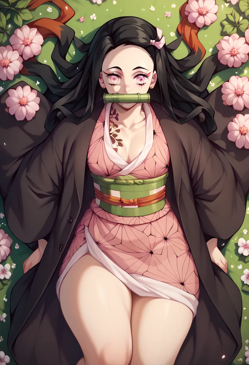 Nezuko Kamado black hair Big pink eyes piece of green bamboo in the mouth big boobs kimono neckline Black black coat thick thighs big black tattoo kimono sexy pink thick thighs Big surrounded by a garden of blood flowers