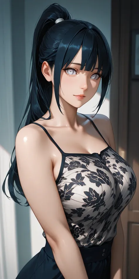 Masterpiece, newest, high contrast, high quality, ultra HD,very aesthetic, vibrant, mature female, hinata hyuga, high ponytail long hair, black hair color, white eye color, camisole, perfect breast, upper body, ultra detailed, highres, best quality, home, ...