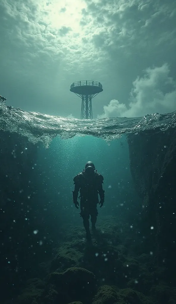 Ultra-realistic POV shot of returning to the surface after escaping a hostile aquatic creature. The floating platform is visible in the distance, but something feels off – perhaps another creature is waiting for you there. The scene is tense and atmospheri...