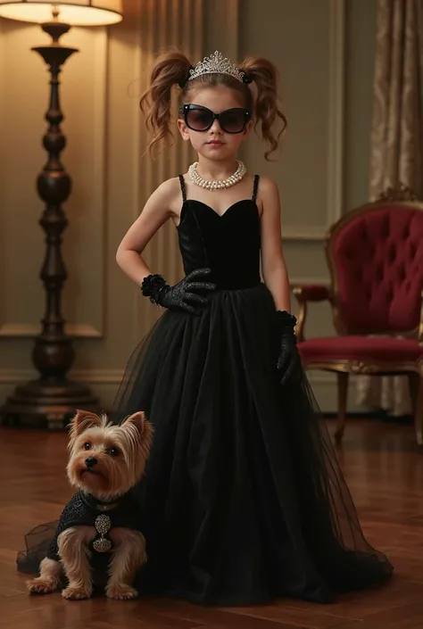 A young girl dressed in an elegant black dress, wearing a pearl necklace, black gloves, a tiara, and sunglasses. The background is soft and cinematic, with warm lighting. A small Yorkshire Terrier dog stands beside her. The scene is inspired by classic Hol...