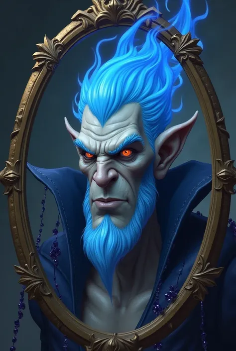 Create an image of Hades for me, Character from the Disney movie Hercules, only his face and hair inside a 2D mirror, Faithful to the movie, Without losing air , Please