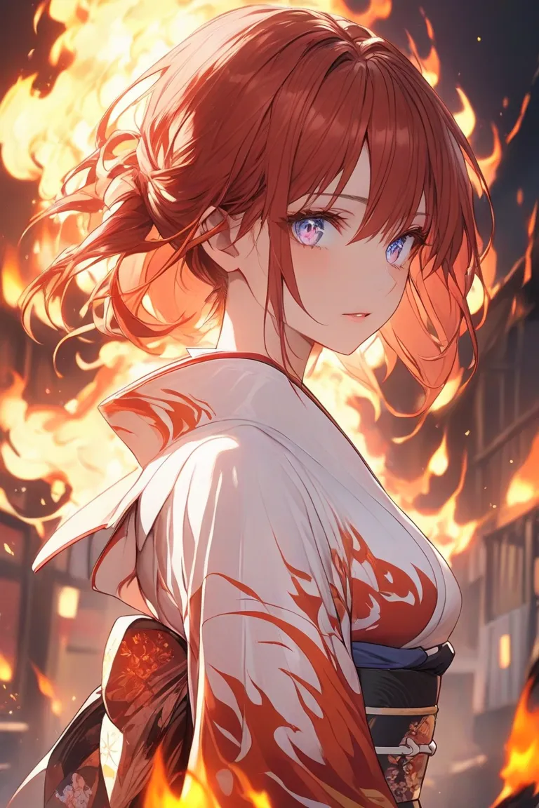 Red-haired and shorthaired woman。The eyes are slightly yellow and have hanging eyes。Trying to burn everything in this world、Cowboy shot of a Japanese woman standing wearing 。Her surroundings are covered in flames。