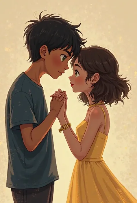 A boy kissing a girl's hand, The boy has brown skin,  with short black hair, your eyes are a mix of green and yellow, He's humble, and her clothes are simple in shades of navy blue and black, , on the other hand, is he tall and friendly. The girl, on the o...