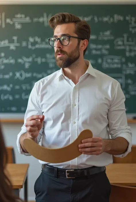 A high school math teacher in a bright classroom, enough light with natural sunlight shining through the window,  wearing glasses,wearing a white shirt ;black pants and black belt. He is holding an ellipse-shaped piece of cardboard while asking questions t...