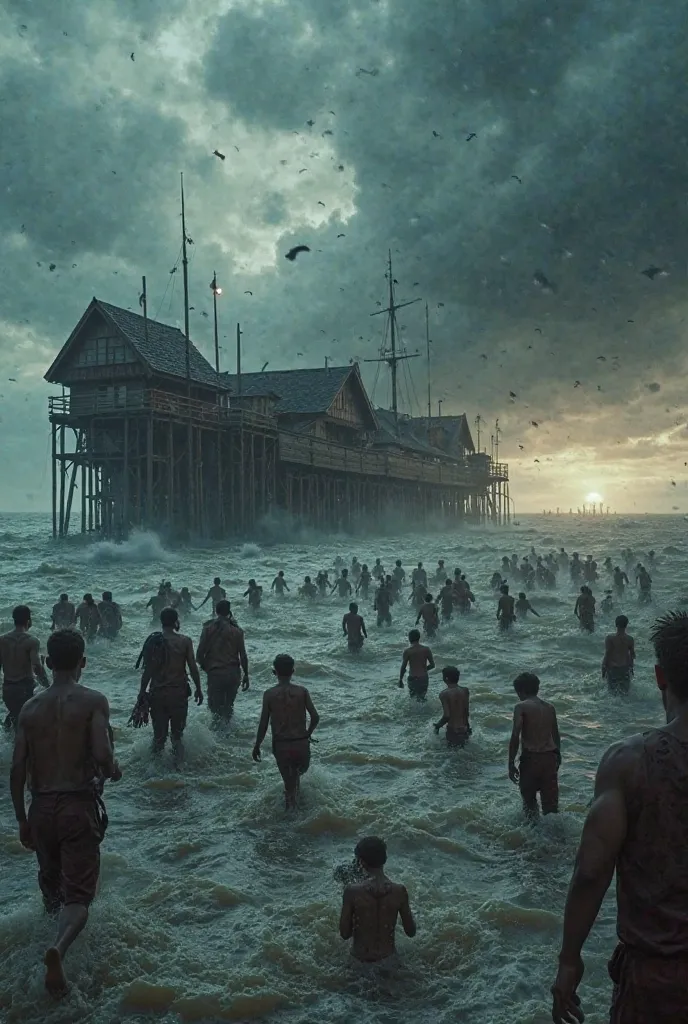 "An apocalyptic scene of a great flood hitting a villa built on wooden stilts. Crowds of desperate people rush through the troubled water, trying to escape the flood.  The sky is dark and stormy ,  with heavy and threatening clouds . In the background, a h...