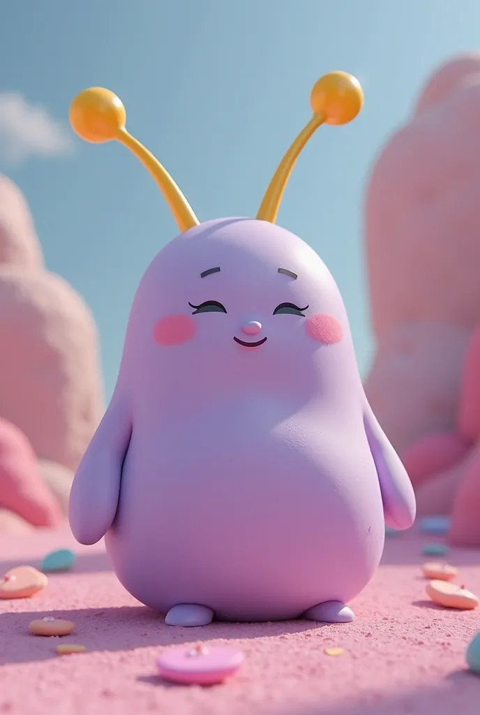 Create an animated character whose body is shaped like a "T" rounded all lilacs with yellow antennae and a face with only lines with the mouth open in a circle
