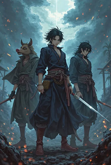 Demon Slayer image where you can see 
Tanyiro, Zenitsu and Inosuke, who are attached to the anime, that only men come out