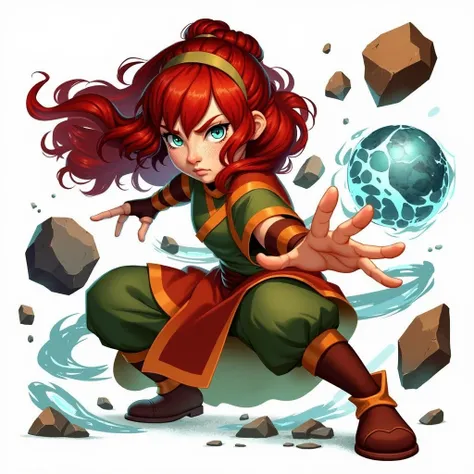 A girl with red hair and blue eyes and with powers to control rocks and stones doing anime-style martial art pose leaves her with a more beautiful and feminine body