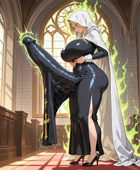 masterpiece, be upst quality, amazing quality, anime screencap, 1lady, milf, mature woman, solo, ((big full bimbo lips)), blonde hair, from side, indoors, grey brick wall, window, church, NSFW, nun, white rob, white hood, white cape, hood over eyes, thigh ...