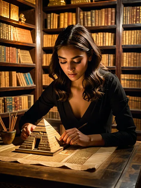 A young woman is seated at a wooden table in front of a miniature Egyptian pyramid., carefully examining ancient scrolls unfolded before her, her fingers gently trace the intricate carvings of the scroll.  The room ,  dimly illuminated, is filled with shel...