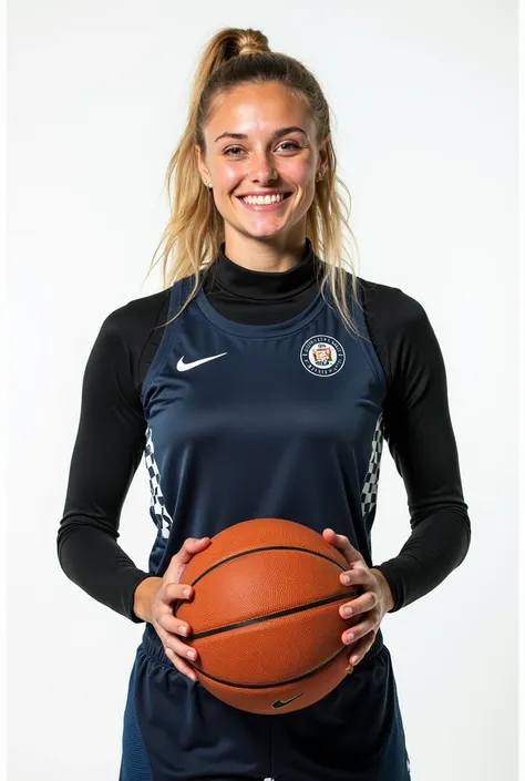 A high-quality image of a young, blonde basketball player, dressed in a sleek black athletic uniform, stands confidently in front of a white background. She's smiling warmly, with a hint of excitement and enthusiasm, as if she's about to take on the court....