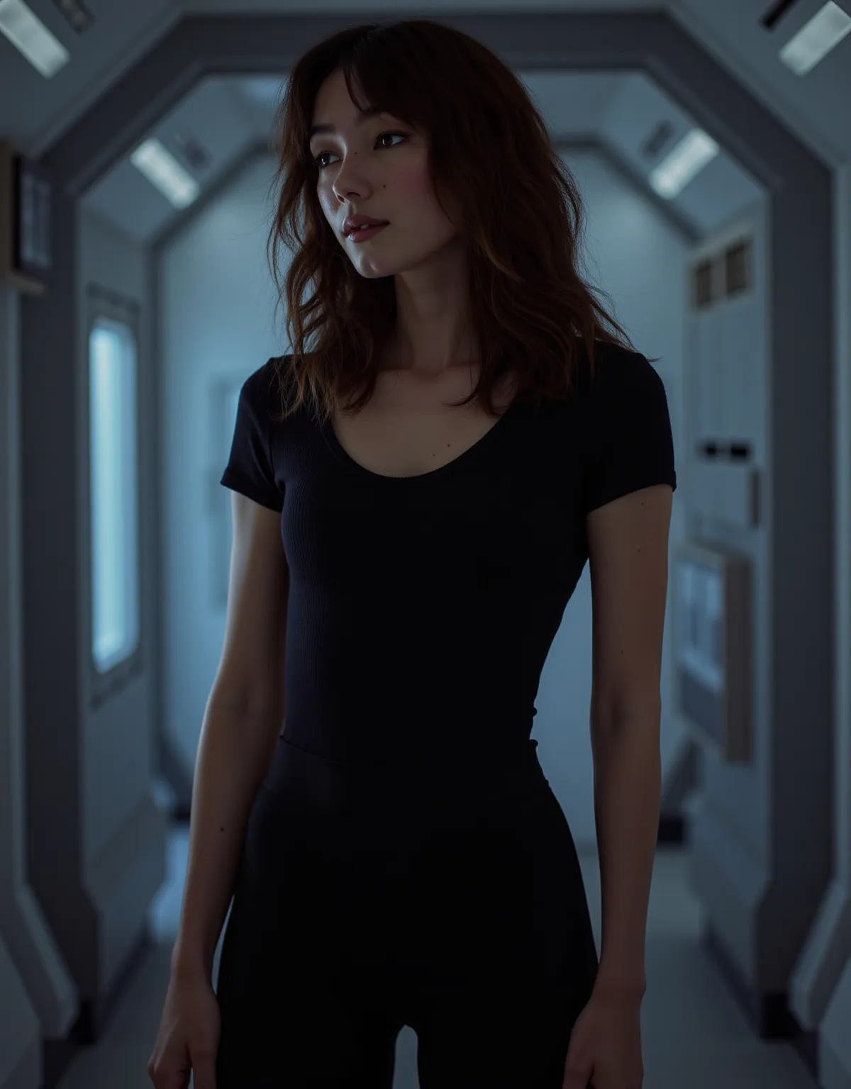 1 girl,  sozinho, hd, 120,000 pixels, hdR,  fotografia profissional,  uma fotografia de Natasha Liu Bordizzo, skinny body, pale skin, tight black t-shirt, cleavage, in a space ship, side view, tight black leggings, front view 