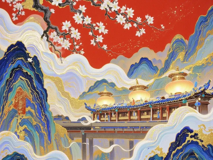 Draw a train on a bridge on a mountain with a river, Chinese painting style,  supersonic trains and passengers , High speed trains, 🚿🗝📝, An ultra-fine detailed painting, zhuoxin ye, An ultra-fine painting, by Qu Leilei,  Inspired by Dong Qichang , author：Q...