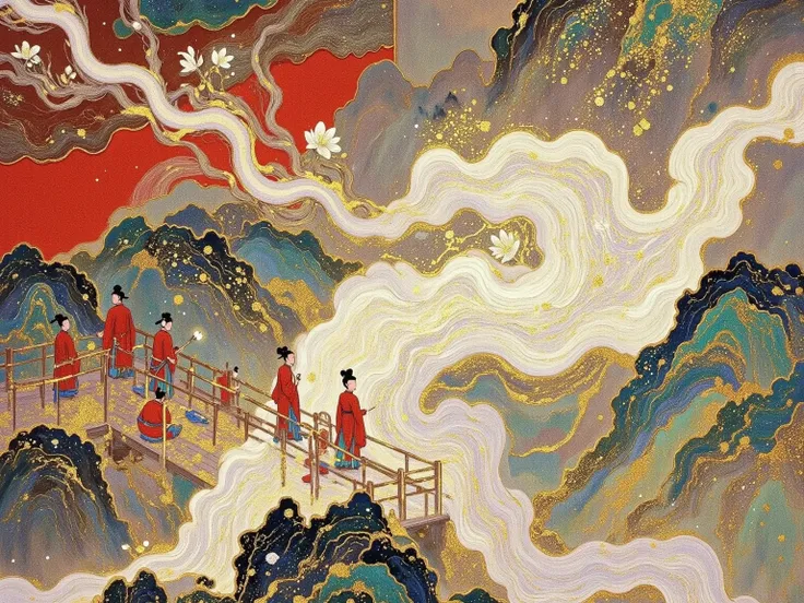 painting a train on a bridge over a mountain with a river, Chinese painting style,  supersonic trains and passengers , High speed trains, 🚿🗝📝, An ultra-fine detailed painting, zhuoxin ye, An ultra-fine painting, by Qu Leilei,  Inspired by Dong Qichang , au...