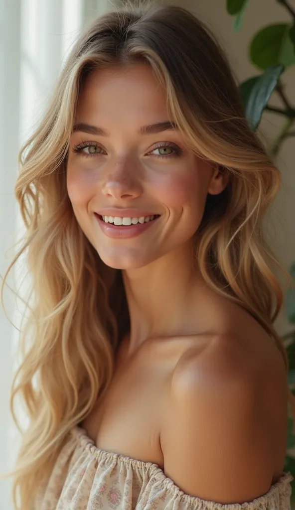 Create a hyper-realistic portrait of a 20-year-old girl with distinct and immutable facial features. She has fair skin with a clear and radiant complexion, reflecting her dedication to skin care. Her eyes are large, almond-shaped and honey-colored with nat...