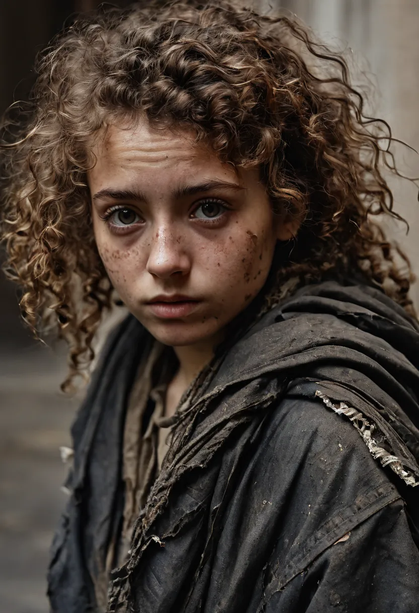 (masterpiece), Best quality, perfect face, expressive eyes, (Model shoot style), A sad homeless girl, full body ((wearing an old, torn, dirty outfit)), (shy), messy brown curly hair, highly detailed face, beautiful eyes, adorable, bright, sad eyes, gorgeou...