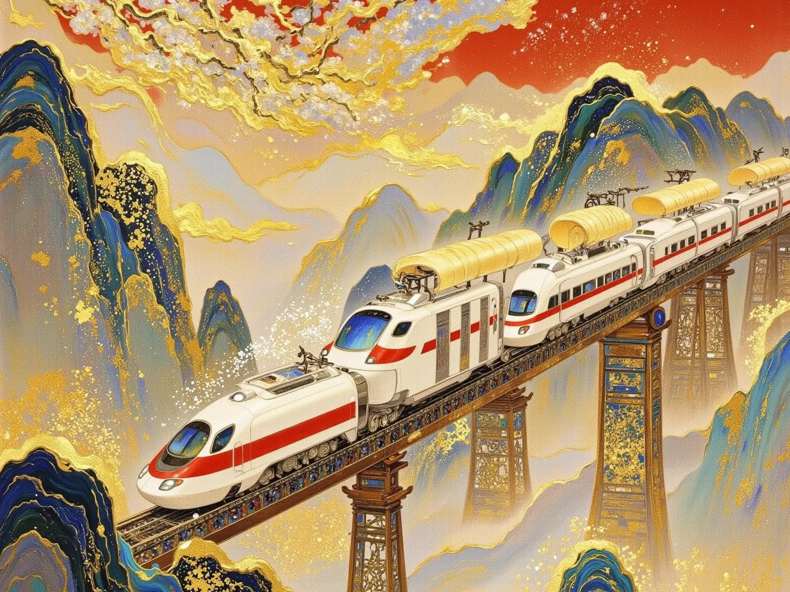 Draw a train on a bridge on a mountain with a river, Chinese painting style,  supersonic trains and passengers , High speed trains, 🚿🗝📝, An ultra-fine detailed painting, zhuoxin ye, An ultra-fine painting, by Qu Leilei,  Inspired by Dong Qichang , author：Q...