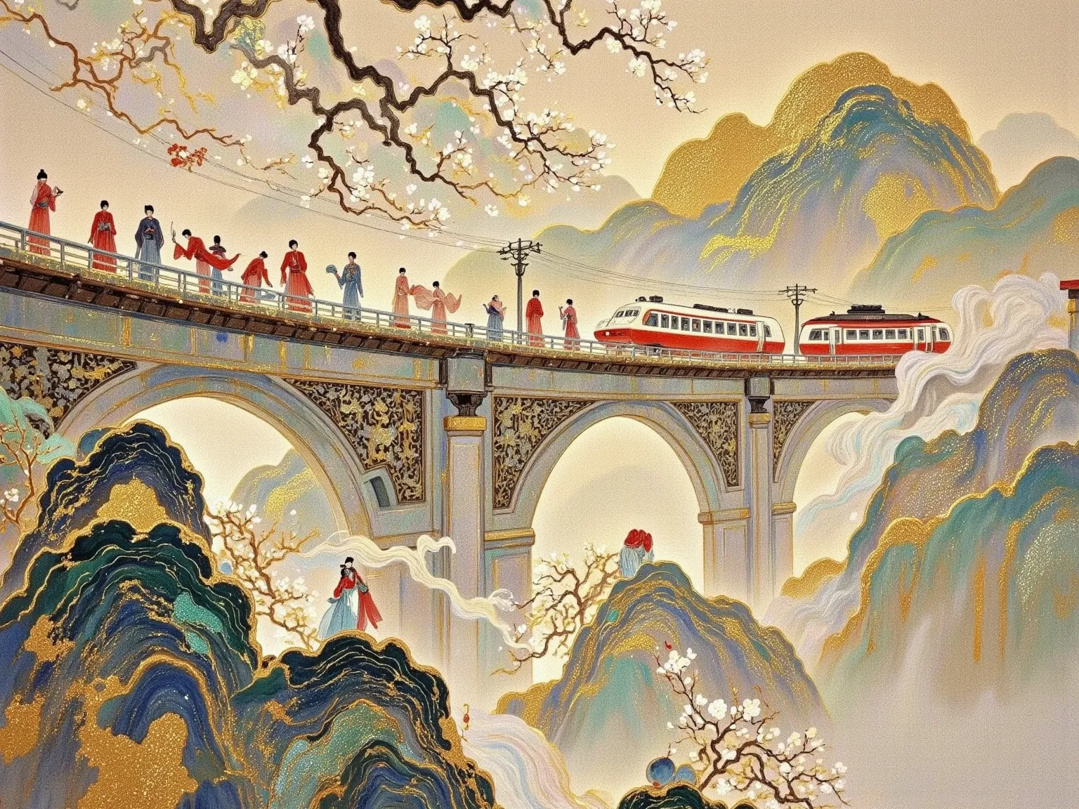 Draw a train on a bridge on a mountain with a river, Chinese painting style,  supersonic trains and passengers , High speed trains, 🚿🗝📝, An ultra-fine detailed painting, zhuoxin ye, An ultra-fine painting, by Qu Leilei,  Inspired by Dong Qichang , author：Q...