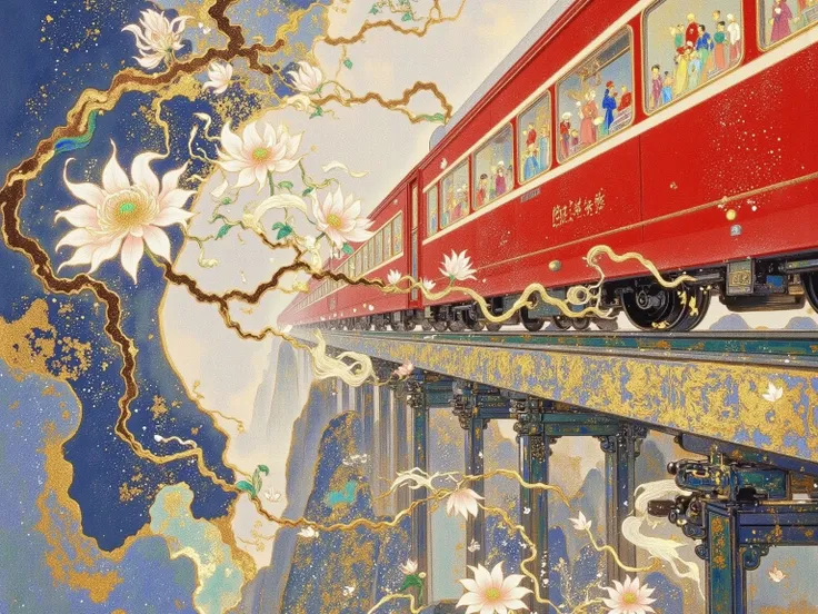 painting a train on a bridge over a mountain with a river, Chinese painting style,  supersonic trains and passengers , High speed trains, 🚿🗝📝, An ultra-fine detailed painting, zhuoxin ye, An ultra-fine painting, by Qu Leilei,  Inspired by Dong Qichang , au...