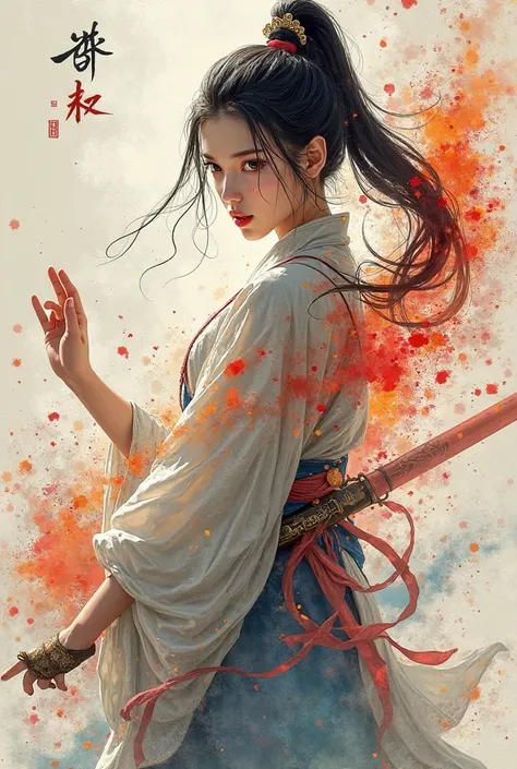 ( photo realism , RAW, 16k, masterpiece, UHD ),  full body , splash-ink Tai Chi  illustrat ion ,  yin yang   illustrat ion , Chinese Wuxia (real sexy Dilraba Dilmurat ), ponytail, dramat ic angle,  search _at _  viewer  ,(Fluttering splashes of ink detail)...