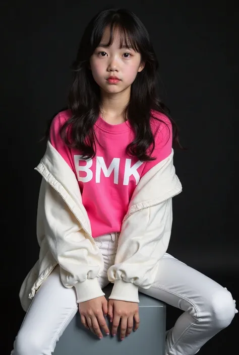 a beautiful young Korean girl with white skin white face blushing natural face with cynical face facing the camera with straight hair ends hair color curly color wave streak² blackbright white shiny color shirt wearing bright pink t-shirt with inscription ...