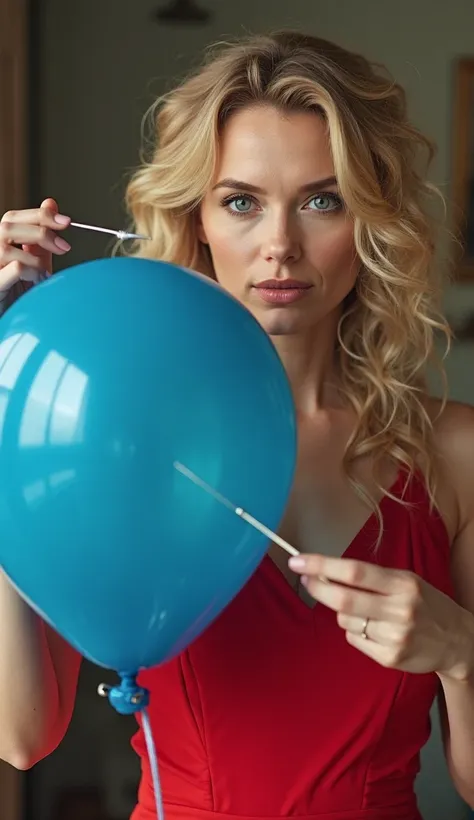  A blond woman,  blue eyes, long curly hair, beautiful, elegant,  thin and delicate face , long bust, well-toned body,  45 years old,  red dress , needle holding a large blue gas balloon in her hand and a pointed needle in the other. She's puncturing the b...