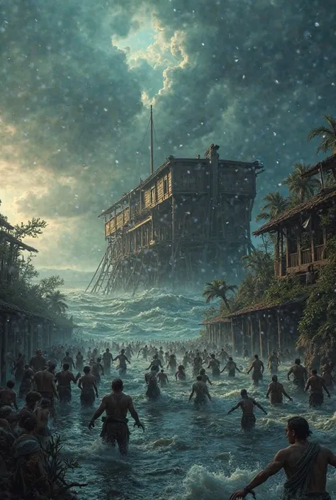 "An apocalyptic scene of a great flood hitting a villa built on wooden stilts. Crowds of desperate people rush through the troubled water, trying to escape the flood.  The sky is dark and stormy ,  with heavy and threatening clouds . In the background, a h...