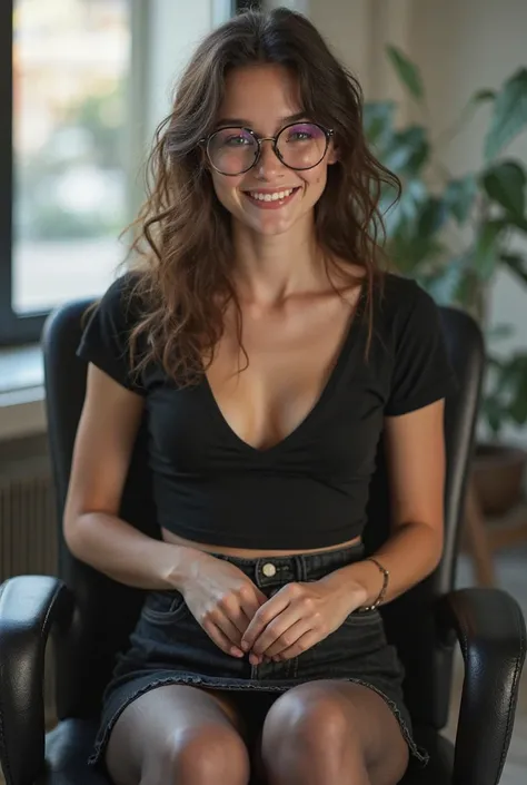 Very geeky, 15-year-old slut and naif. A hand inside the skirt. masturbation.  Knees wide open and separated. Gesture on the face of sexual pleasure. A Strange Bug. Low in height..  knees apart . Real Estate Office. Smile complicit with the interviewer, ve...