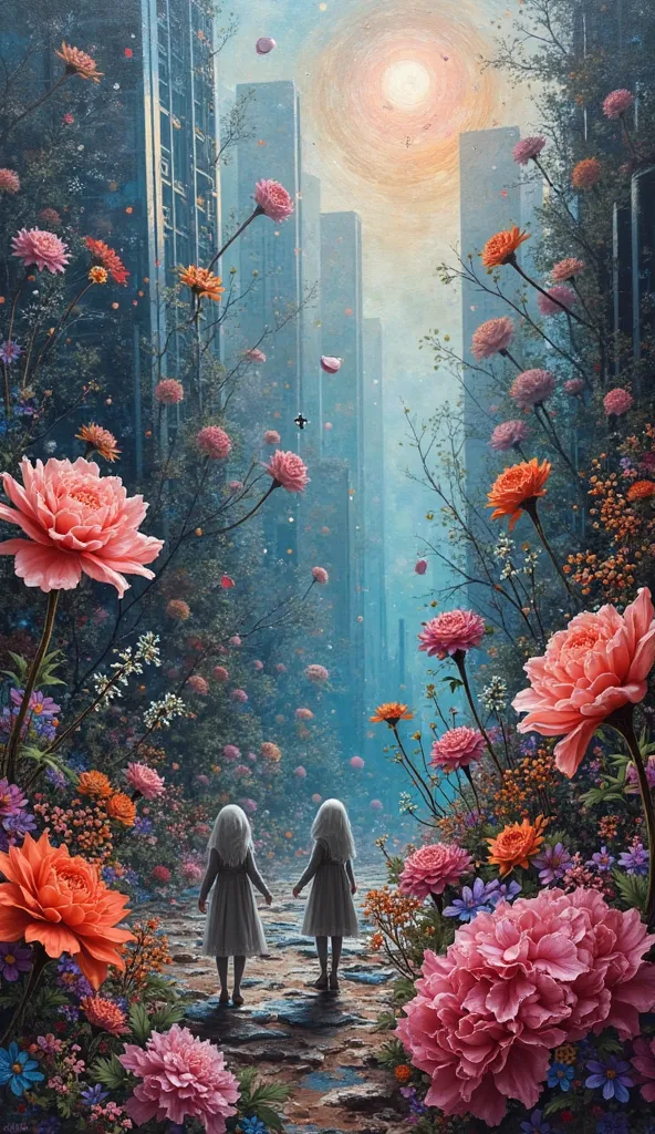 a psychic surrealistic painting of the unconscious thought, flowers flowing  in a  futuristic city 