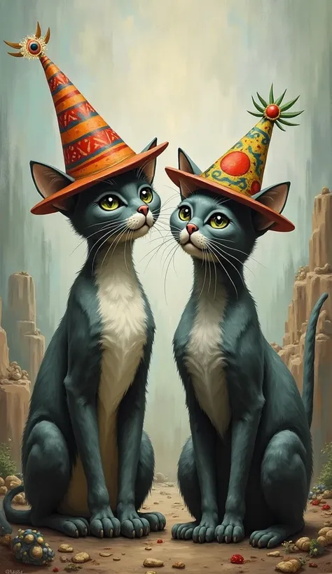 a surrealistic painting of 2 cats wearing  hats 