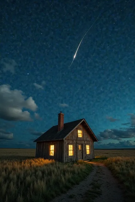 The image shows a rustic wooden house in the middle of a vast field under a starry night sky. The structure , with its gable roof and a brick chimney, emits a warm yellow light from its windows,  contrasting with the darkness of the environment . The tall ...