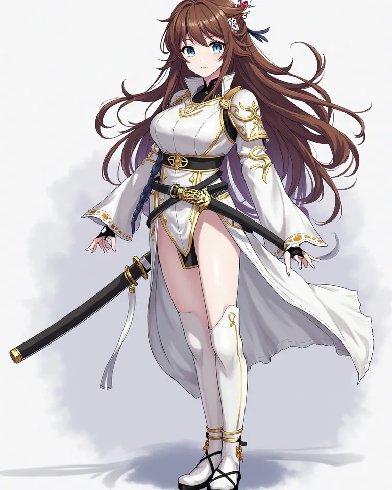 White Ninja elite armor, 1girl, Long Hair, Looking at viewer, Blue eyes, High Quality, Wavy Hair, Fang, Hair Ornament, Hair Ribbon, Facepaint, Crescent Hair Ornament, Anime Style, Anime, katana, full body, brown hair, asian