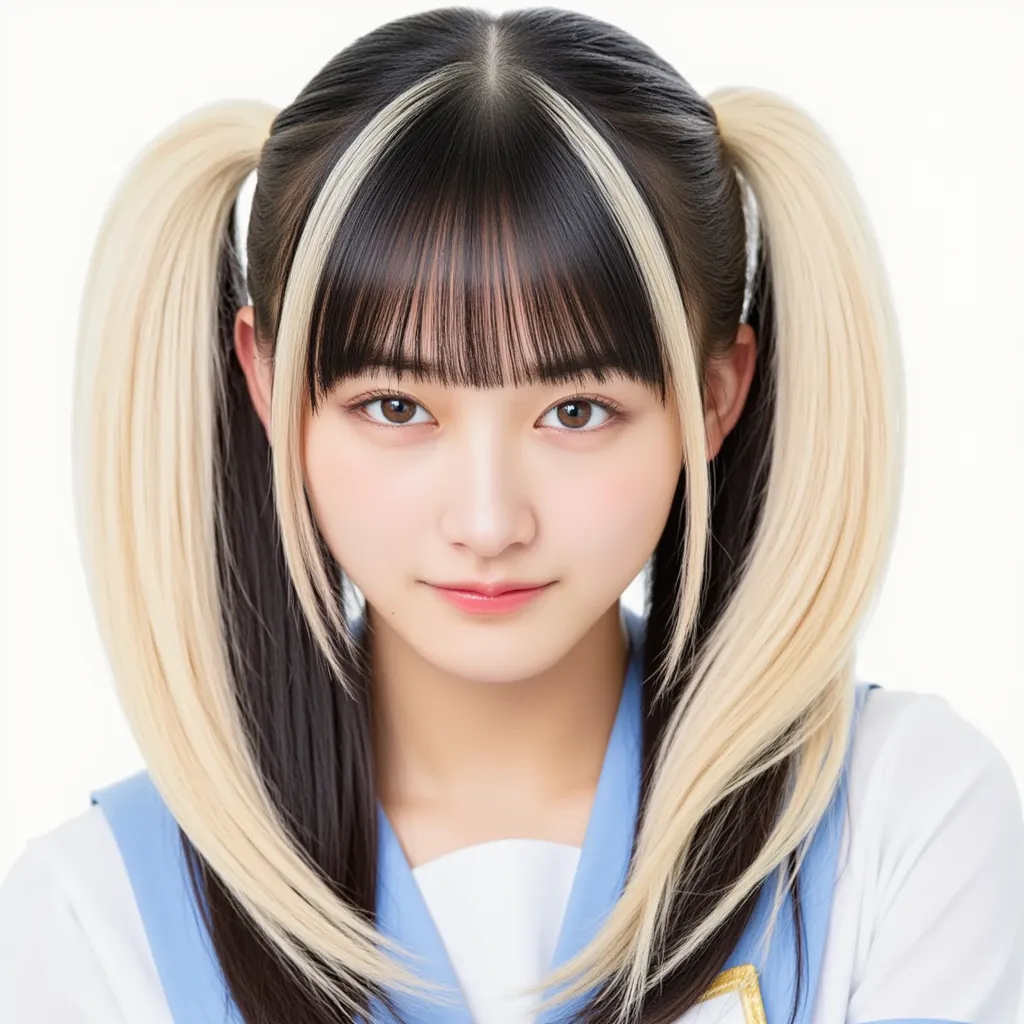  long hair, with blond and black two-tone bangs、Longer long hair、 light background、sailor suit、twin tails