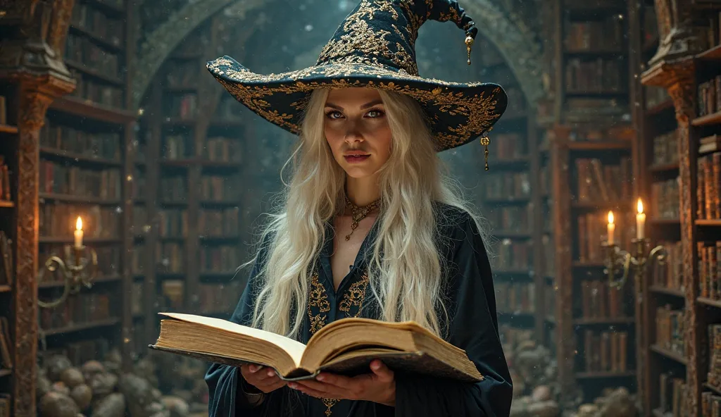 A mystical and elegant sorceress stands in a dimly lit ancient library. She has long, flowing platinum hair that shimmers under the flickering candlelight. Her striking heterochromatic eyes—one crimson red, the other pure white—glow with an eerie intensity...