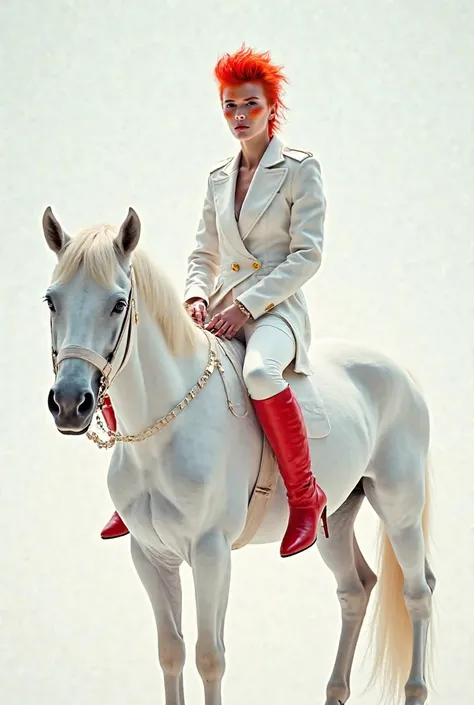 Make a handsome dominant boy sexy androgynous with Ziggy Stardust style makeup David Bowie on top of a white horse white jacket short sleeve and white pants with long red boots with heels 