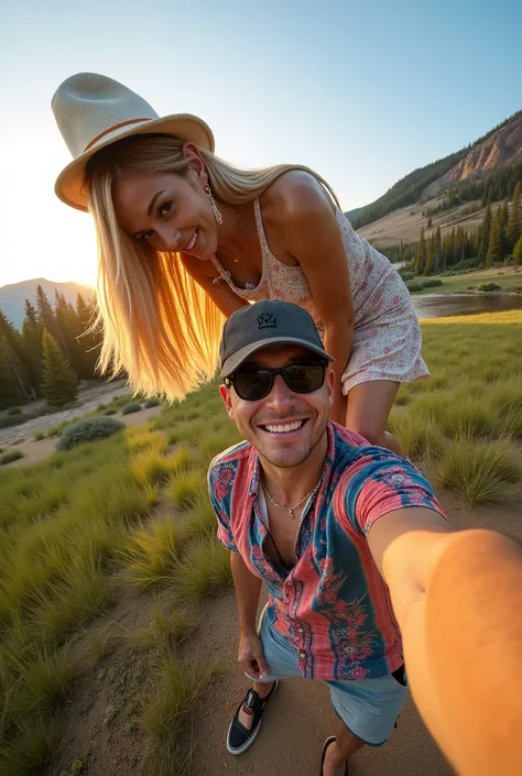 The scene is set in the breathtaking wilderness of Yellowstone National Park, with lush forests, steaming geysers, and dramatic mountain backdrops stretching into the distance. The perspective is from the camera of a smartphone held by a man taking a selfi...