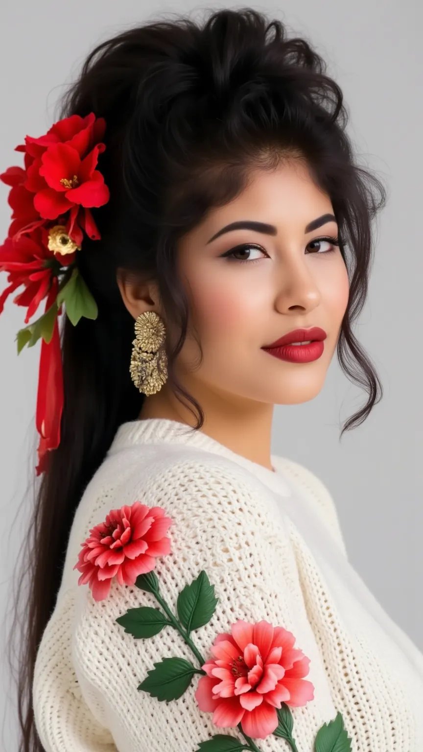 8K, masterpiece, highest quality,  Long dark hair in side braid, white sweater embroidered with flowers, red flowers,  have delicate features,  soft lighting , elegant,  fashion photograph , high resolution,  Detailed,  Realistic