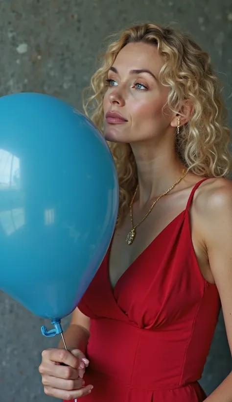  A blond woman,  blue eyes, long curly hair, beautiful, elegant,  thin and delicate face , long bust, well-toned body,  45 years old,  red dress , needle holding a large blue gas balloon in her hand and a pointed needle in the other. She's puncturing the b...