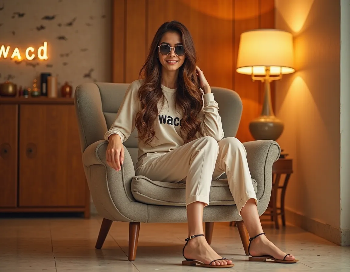 realistic Pakistani beautiful cute 18 year old model with fair skin looking down elegant fashion attitude Sitting stylishly in a chair agg big smile long brown hair sunglasses long sandals beautiful makeup Brand advertising warm colors and cool colors full...