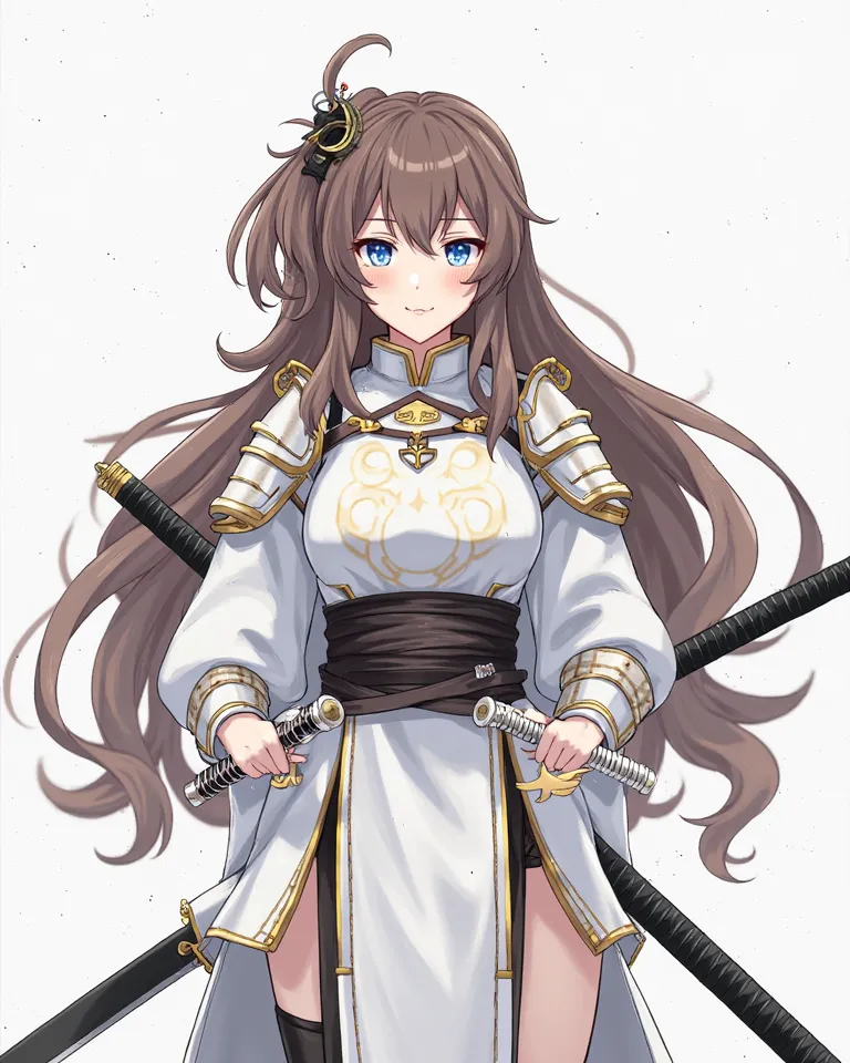 White Ninja, elite armor, 1girl, Long Hair, Looking at viewer, Blue eyes, High Quality, Wavy Hair, Fang, Hair Ornament, Hair Ribbon, Facepaint, Crescent Hair Ornament, katana, full body, brown hair, asian