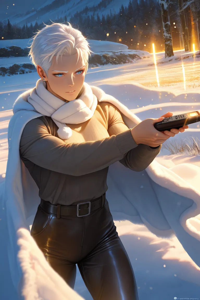 WHITE-HAIRED MALE CHARACTER, blue eyes,  muscular, with tight black winter clothes