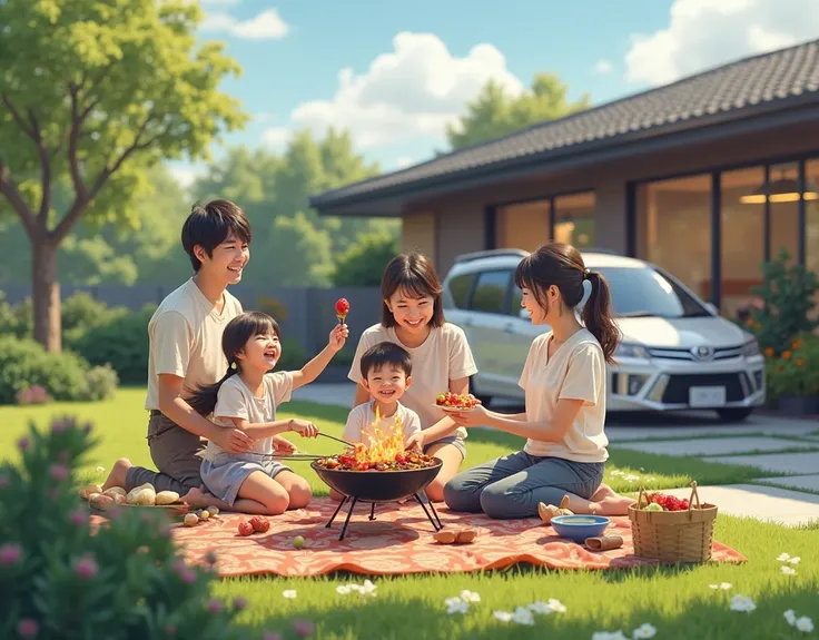 Japanese family enjoying a barbecue in the garden of their new stylish one-story house４Happy scene of people。full of dreams and hopes。The house behind is modern and stylish。There is a minivan in the garage。